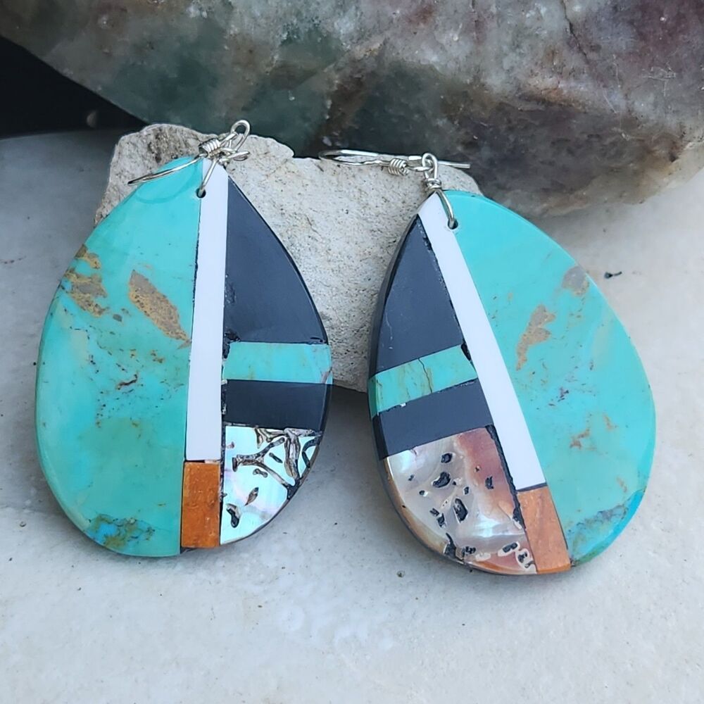 Torevia Crespin Santo Domingo overlay Earrings Turquoise Jet MOP Native made US